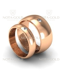 Широкие выпуклые обручальные кольца с отпечатками пальцев и бриллиантом на заказ (Вес пары: 16 гр.)