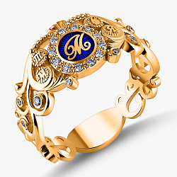 Ажурное именное золотое кольцо с бриллиантами, инициалами и площадкой под гравировку (Вес: 5 гр.)