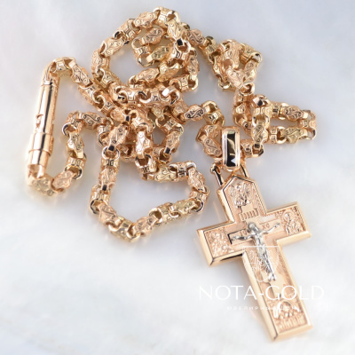 Золотой православный крест с распятием и ликами святых на золотой цепочке Краб Малый (Вес: 41 гр.)