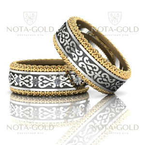 Обручальные кольца с орнаментами трёхцветные с чернением и бриллиантами (Вес пары:19,5 гр.)