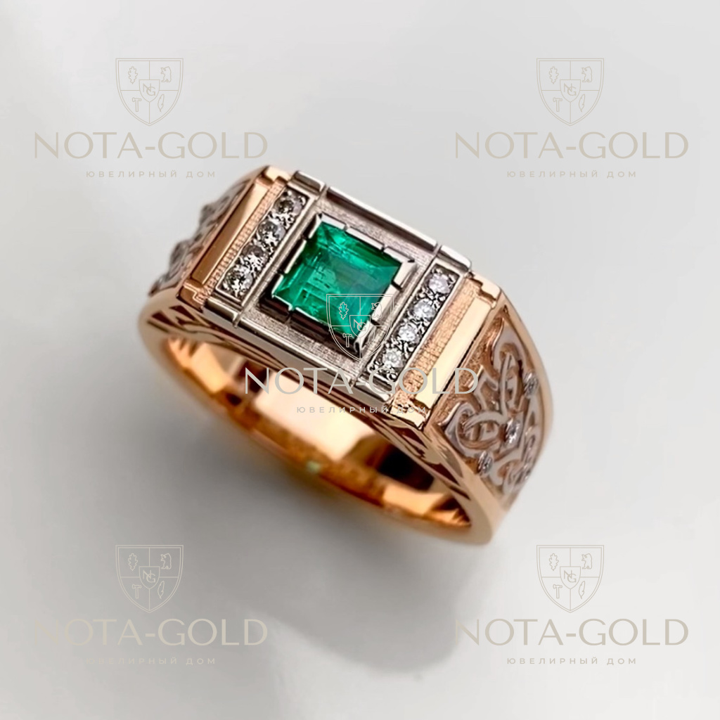 Мужское кольцо печатка с орнаментом из двухцветного золота с изумрудом ибриллиантами (Вес: 16 гр.)