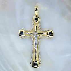 Большой мужской крест 8 см из жёлтого-белого золота с бриллиантами и сапфирами (Вес 32 гр.)