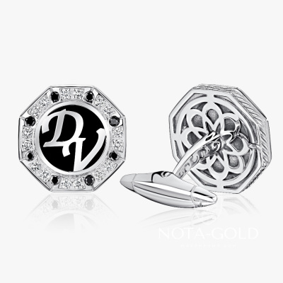 Запонки с инициалами VD из белого золота с бриллиантами и агатами (Вес 12,6 гр.)