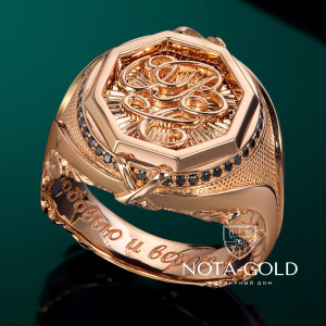 Мужская печатка с инициалами в октагоне и гравировкой из золота с чёрными бриллиантами (Вес: 23 гр.)