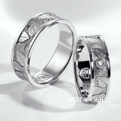 Обручальные кольца берёзовые листья из белого золота с бриллиантом в женском кольце (Вес пары 12,5 гр.)