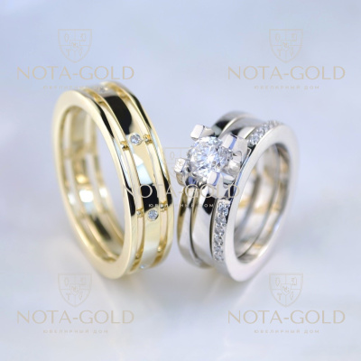 Обручальные кольца из двух видов золота с бриллиантами и помолвочным кольцом внутри (Вес пары:16,5 гр.)