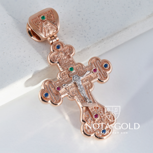Позолоченный нательный крест из серебра с драгоценными камнями (Вес 19 гр.)