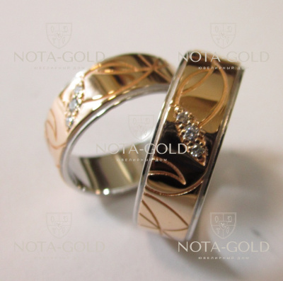 Обручальные кольца двухцветные с бриллиантами (Вес пары: 14 гр.)