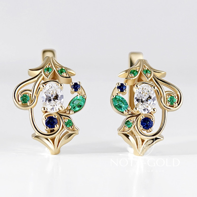 Серьги из желтого золота с овальными бриллиантами, сапфирами и изумрудами (Вес 6,2 гр.)
