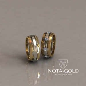 Двухцветные эксклюзивные обручальные кольца с бриллиантами на заказ (Вес пары: 11 гр.)