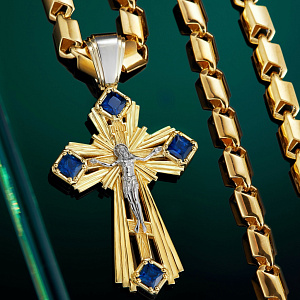 Нательный православный крест из желтого и белого золота с сапфирами (Вес 18 гр.)