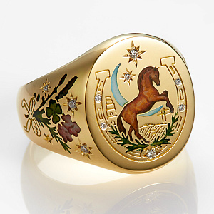 Золотая печатка с бриллиантами, гравировкой и росписью горячая эмаль (Вес 30,4 гр.)