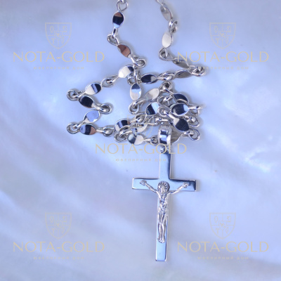 Мужской крест из белого золота с распятием на цепочке с плетением Капля (Вес: 20,5 гр.)
