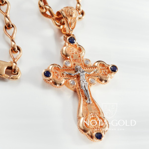 Нательный крестик из красного золота с сапфирами Распятие Иисуса Христа и лик Божья Матерь (Вес: 6 гр.)