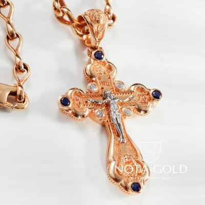 Нательный крестик из красного золота с сапфирами Распятие Иисуса Христа и лик Божья Матерь (Вес: 6 гр.)