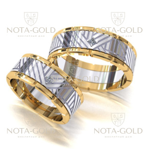 Парные обручальные кольца Диагональ из белого и жёлтого золота с бриллиантами (Вес пары 16,5 гр.)