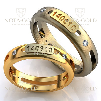 Обручальные кольца с датой свадьбы и бриллиантами на заказ i907 (Вес пары: 9 гр.)