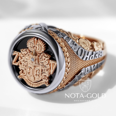 Мужское кольцо - печатка из золота с чёрным ониксом и семейным гербом (Вес: 27 гр.)