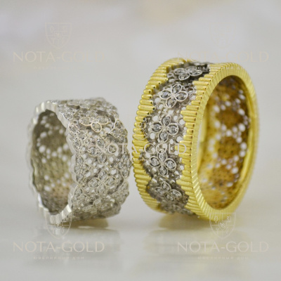 Двухсплавные обручальные кольца с бриллиантами под старину в винтажном стиле (Вес пары:14 гр.)