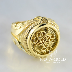 Золотое мужское кольцо-печатка с инициалами, отпечатком пальца и гравировкой Себе любимому (Вес: 29 гр.) 