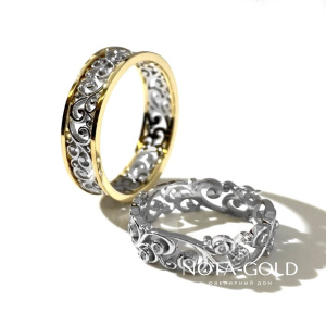 Ажурные обручальные кольца из белого и желтого золота с бриллиантами (Вес пары 7,9 гр.)