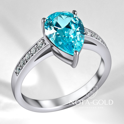 Женское кольцо из белого золота с бриллиантами и аквамарином (Вес 3,6 гр.)