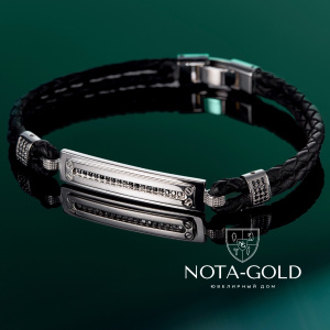 Кожаный плетеный браслет с золотой вставкой с бриллиантами (Вес 16 гр.)