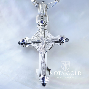 Мужской нательный золотой крест из серебра с распятием и цветными фианитами (Вес 28 гр.)