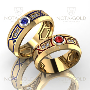 Обручальные кольца Гэтсби с крупными сапфиром и рубином, обрамлённые бриллиантами с эмалью (Вес пары:12 гр.)