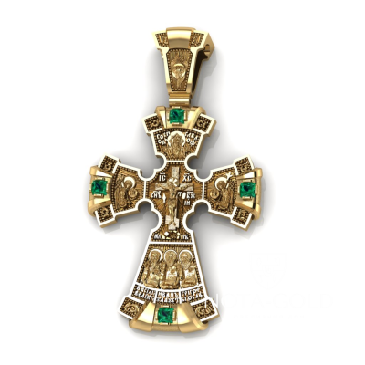 Серебряный крест с позолотой, изумрудами и ликами Святых - Господь Вседержитель, Архангелы Гавриил и Михаил, Иисус Христос, Архиепископы Василий Великий, Иоанн Златоуст, Григорий Богослов, Ангел Серафим с молитвой Богу единому и Кресту животворящему (Вес: