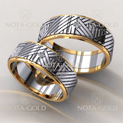 Обручальные кольца Диагональ из белого и жёлтого золота с бриллиантами на заказ (Вес пары 14 гр.)