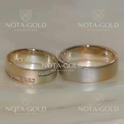 Парные обручальные кольца матовые с бриллиантами на заказ (Вес пары: 13 гр.)