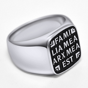 Мужское кольцо - печатка с надписями и рисунком клиента из белого золота с чернением (Вес: 17 гр.)