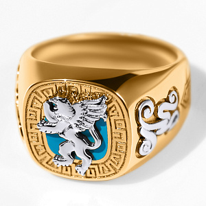 Мужской перстень печатка Грифон из двух видов золота с бриллиантом и эмалью (Вес: 15 гр.)