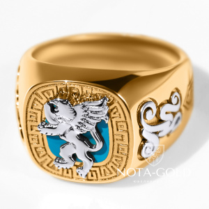 Мужской перстень печатка Грифон из двух видов золота с бриллиантом и эмалью (Вес: 15 гр.)