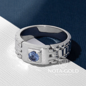 Мужское кольцо печатка из белого золота с сапфиром (Вес: 14,4 гр.)