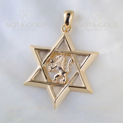 Золотая подвеска Звезда Давида на заказ из красного золота со львом (Вес: 9 гр.)