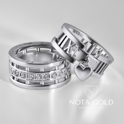 Обручальные кольца из белого золота с бриллиантами, подвеской сердечко, римскими цифрами и гравировкой (Вес 10,1 гр.)