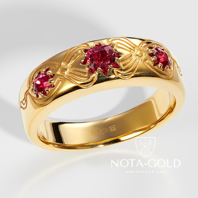 Женское кольцо из желтого золота с тремя рубинами (Вес 19,3 гр.)