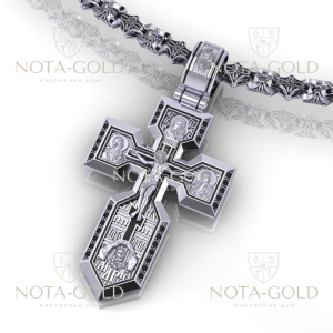 Большой клиновидный православный крест из серебра с чёрными фианитами и эмалью (Вес: 16 гр.)