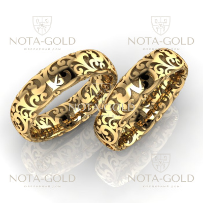 Обручальные кольца Венеция из жёлтого золота с резными узорами (Вес пары: 14,5 гр.)