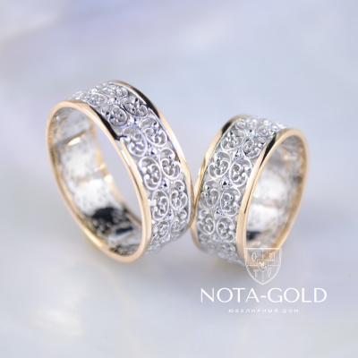 Двухцветные обручальные кольца с винтажным узором (Вес пары 8,5 гр.)