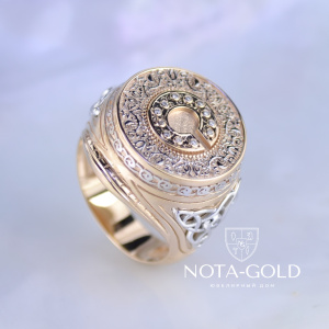 Эксклюзивное мужское кольцо перстень с первой буквой имени, узорами и бриллиантами (Вес: 16 гр.)