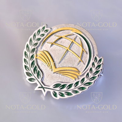 Эксклюзивная золотая брошь с логотипом компании и эмалью (Вес: 4,5 гр.)