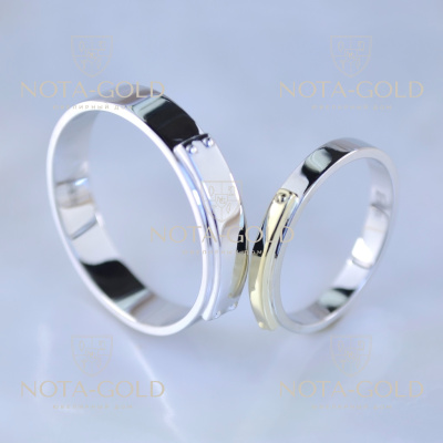 Классические обручальные кольца из двух видов золота с пластинами (Вес пары 8,5 гр.)