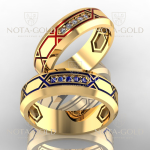 Обручальные кольца Шарм с эмалью, с дорожкой бриллиантов и сапфиров i2599 (Вес пары:12 гр.)