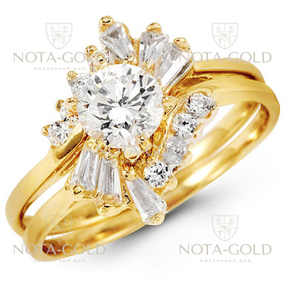 Помолвочное двойное кольцо из желтого золота с девятью бриллиантами 0,9 карат (Вес: 6 гр.)