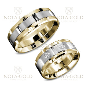 Широкие обручальные кольца звенья браслета из белого и желтого золота с крупными бриллиантами (Вес пары: 19 гр.)
