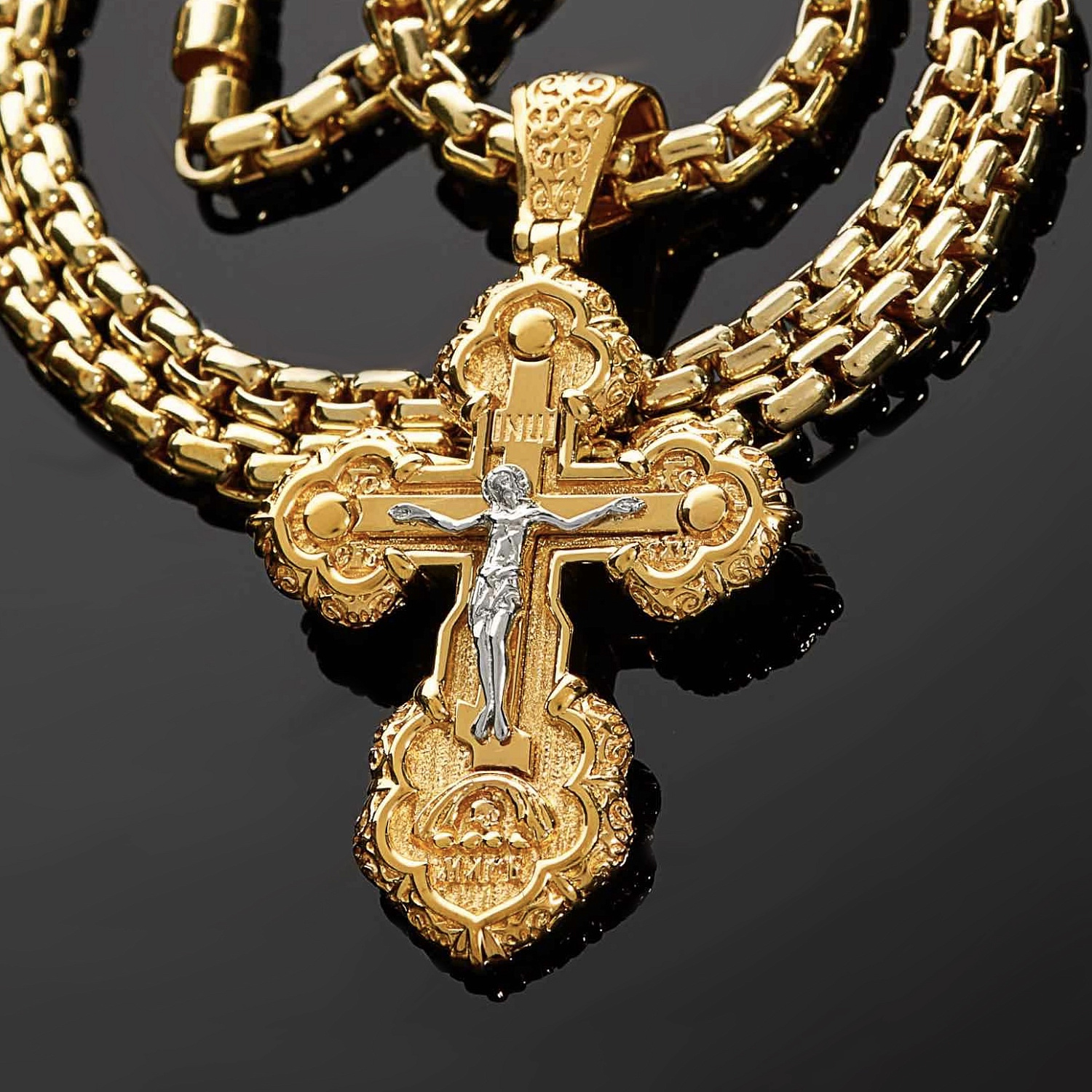 Мужской нательный православный крестик и цепочка из желтого золота