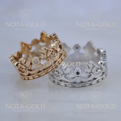 Двухцветные свадебные кольца короны с бриллиантами (Вес пары: 13 гр.)